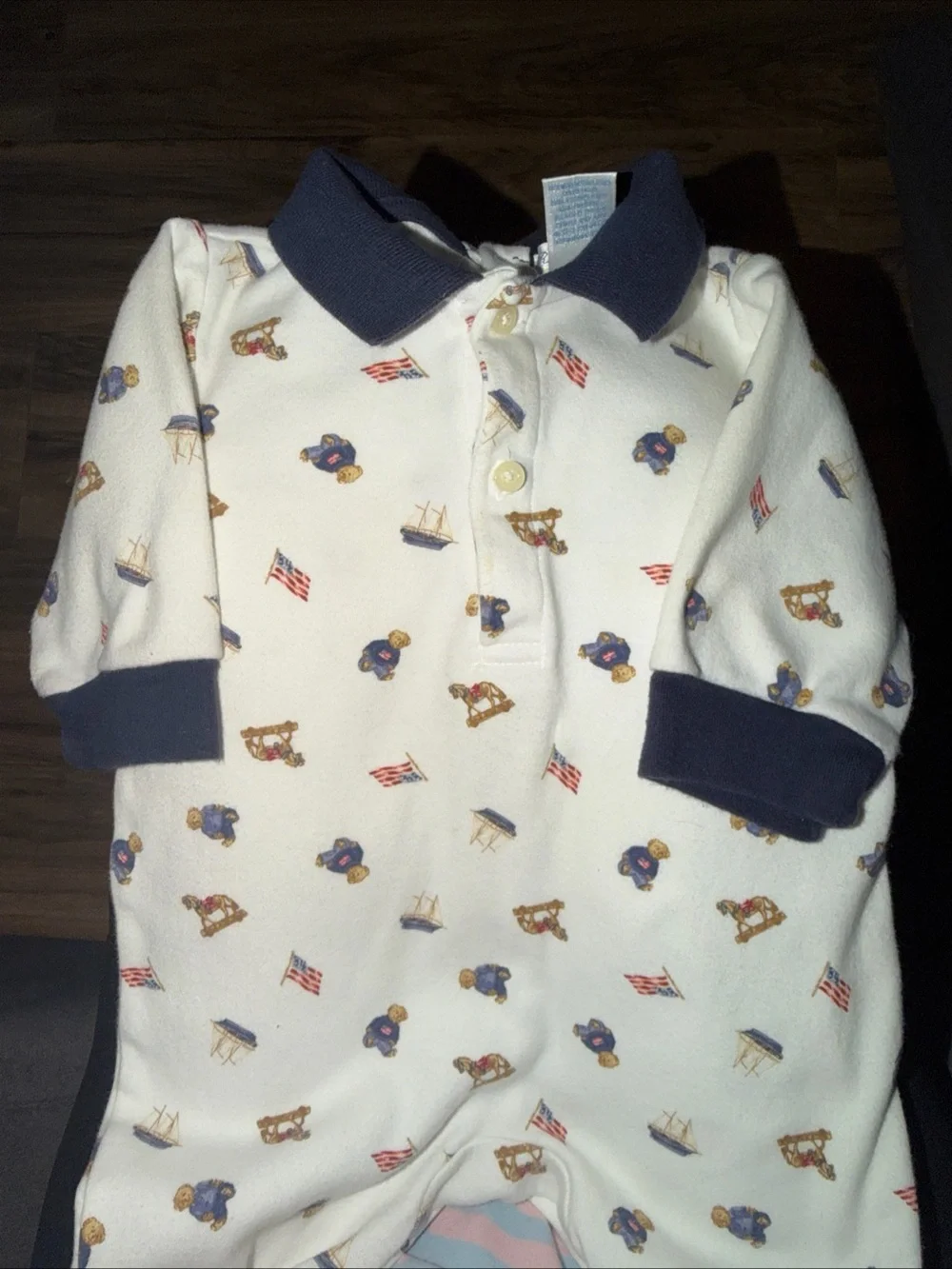 Vintage Ralph Lauren Cream Polo Romper with Navy Trim and Nautical Print